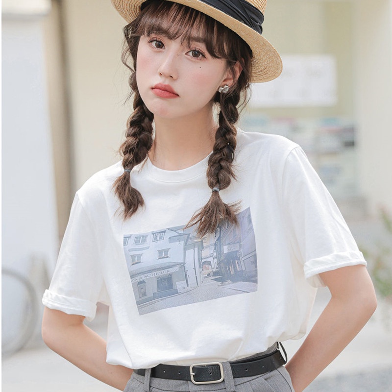 Áo Thun Ngắn Tay Cổ Tròn Dáng Rộng In Họa Tiết Đơn Giản Theo Phong Cách Hàn Quốc