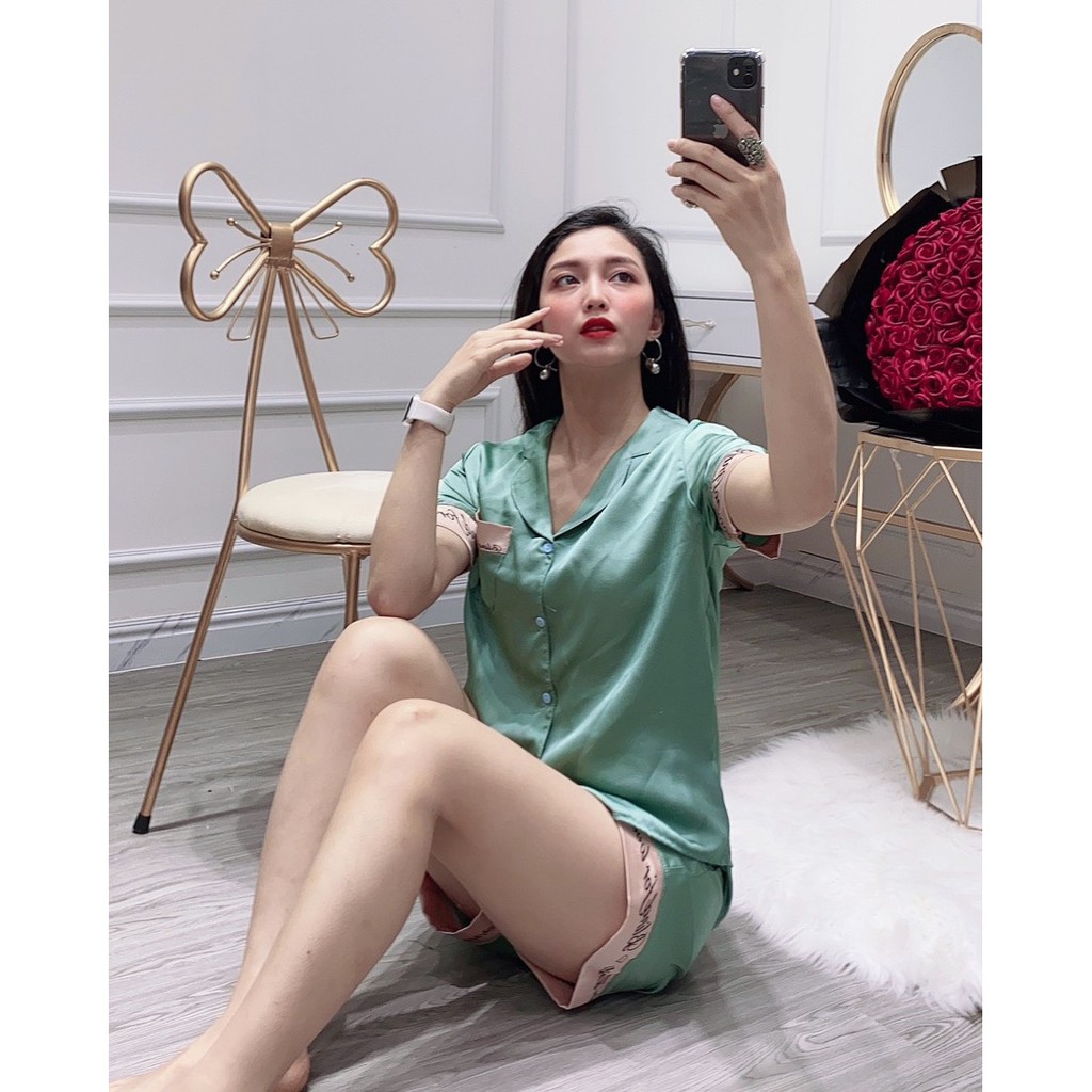 Bộ ngủ lụa satin Pijama phối chữ