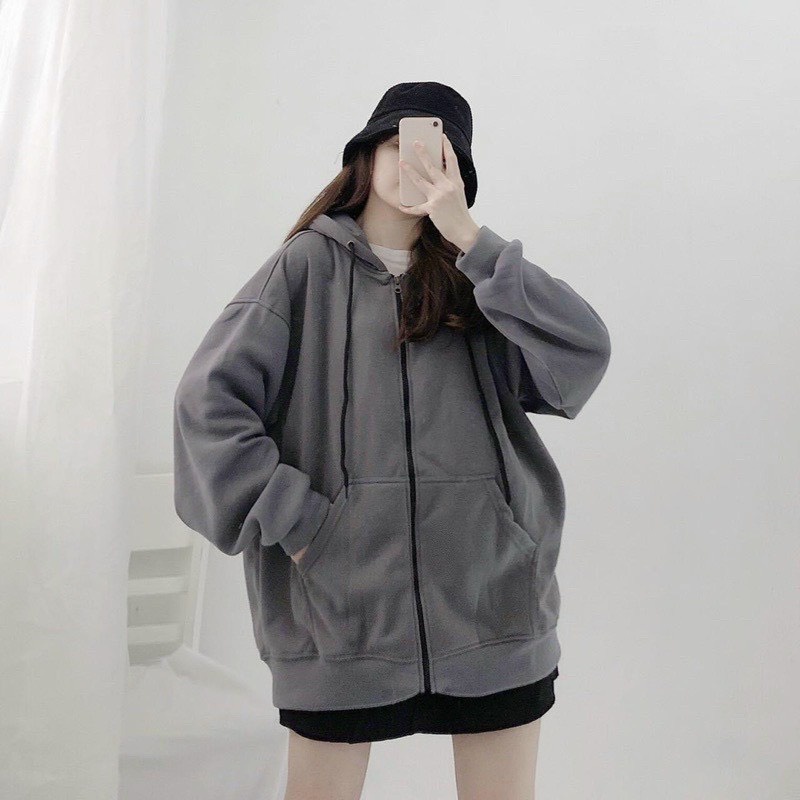 Áo Khoác Xám Trơn, Áo Hoodie Vải Nỉ Khóa Zip Kéo Kèm Nón Rộng Phong Cách Ulzzang Hot Trend Mới