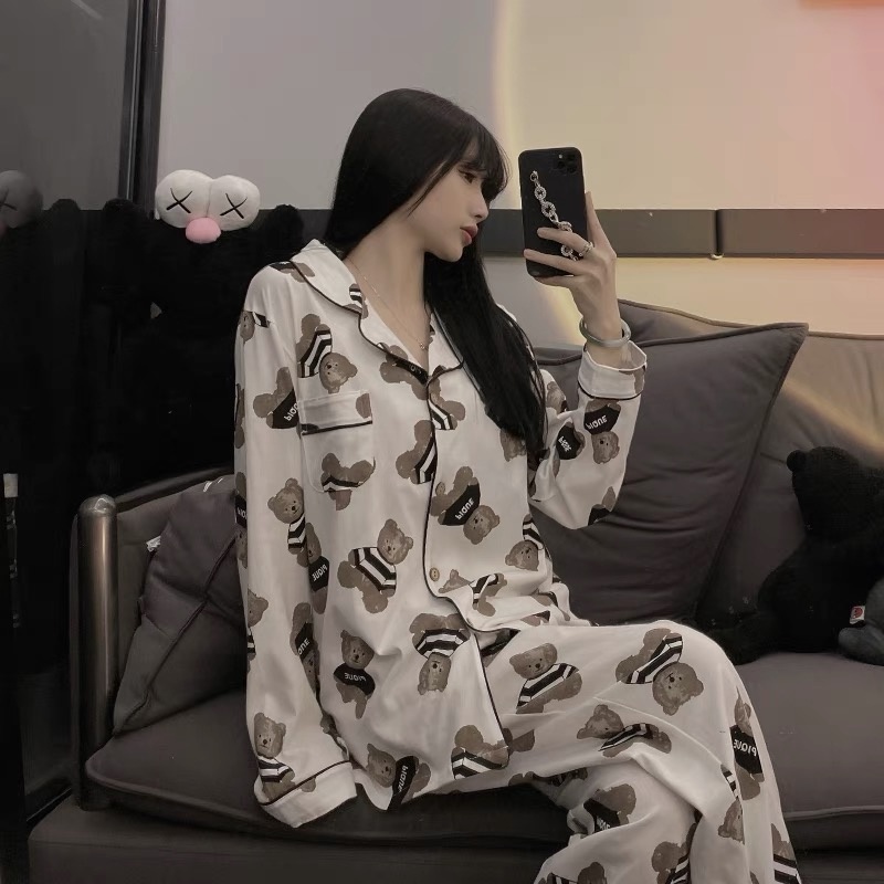 Bộ đồ ngủ nữ Pijama tay dài chất thun cotton hoạ tiết hình gấu dễ thương | BigBuy360 - bigbuy360.vn