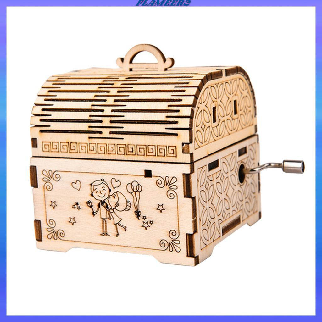 Music Box Hand Crank 3D Laser Cut Wood Treasure Box Educational Toy