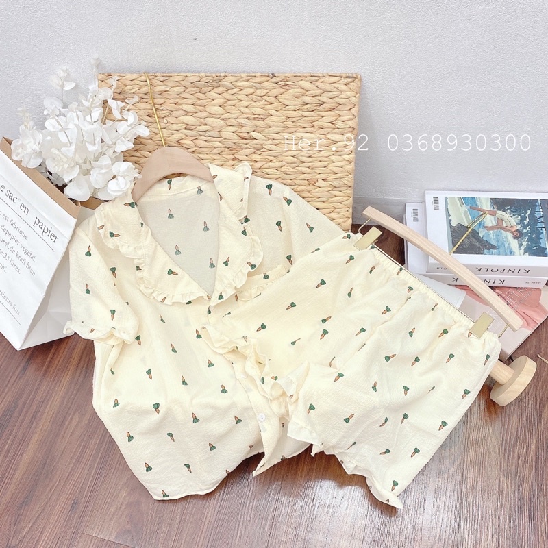 Đồ ngủ xinh bộ mặc nhà chất đũi hoạ tiết dễ thương phong cách hàn quốc