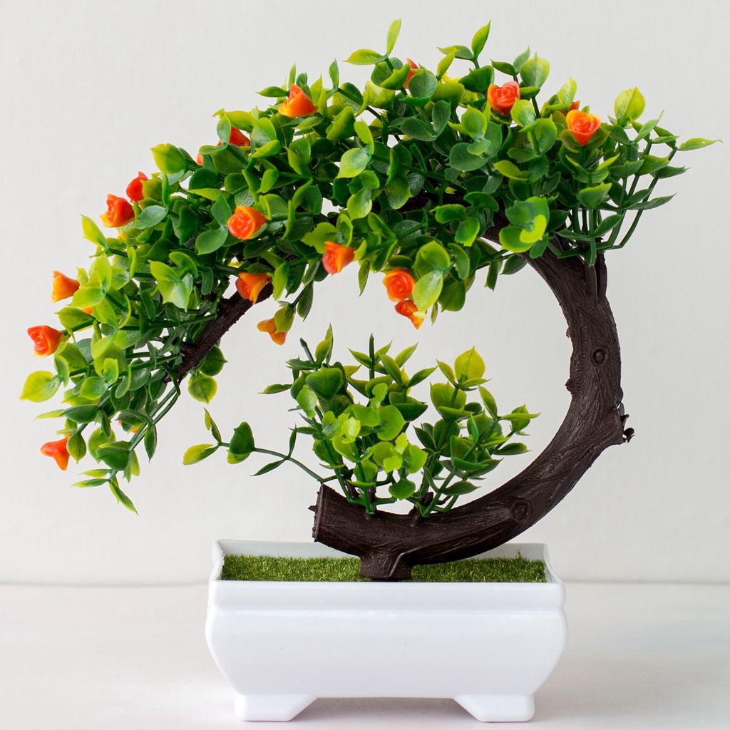 CÂY GIẢ BONSAI HOA RỰC RỠ kèm chậu - Chậu cây Phú Quý Cát Tường trang trí, để bàn - Hoa giả may mắn tài lộc