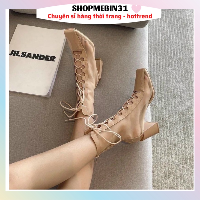 Boot Lưới Nữ Cổ Cao Bắp Chân Bốt Lửng Chất Da Pha Lưới Dây Đan - Hàng Quang CHâu Loại Đẹp Fulllbox (Ảnh thật cuối link)