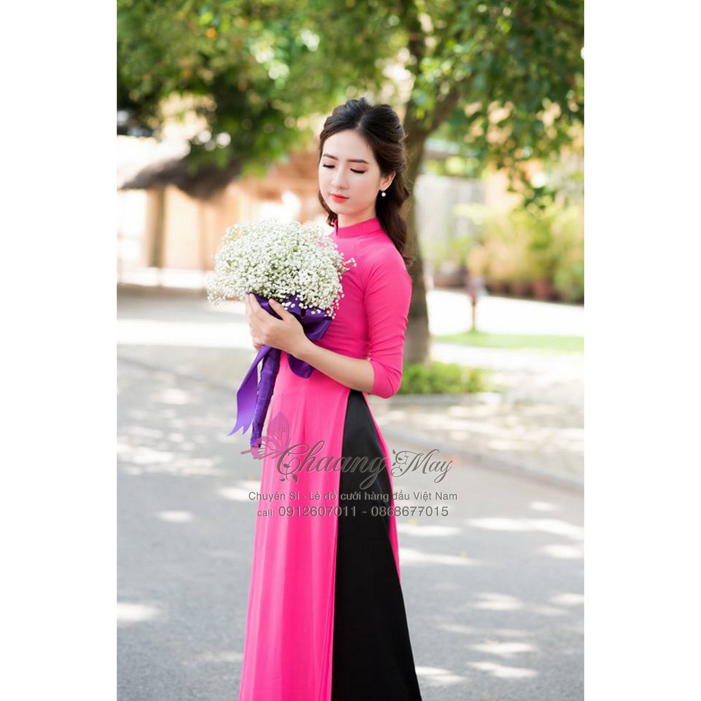 Áo dài truyền thống hồng sen đỏ Chaang May sẵn lụa Mỹ co giãn 4 chiều dự tiệc lễ tết đẹp
