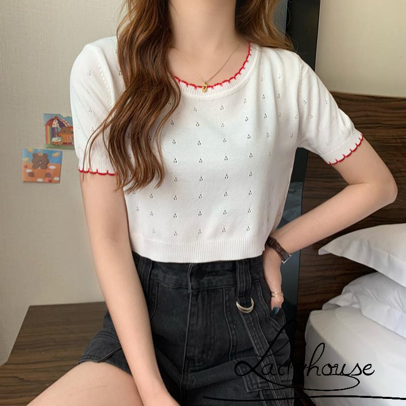 Áo Croptop Dệt Kim Tay Ngắn Cổ Tròn Màu Sắc Tương Phản Thời Trang Cho Nữ