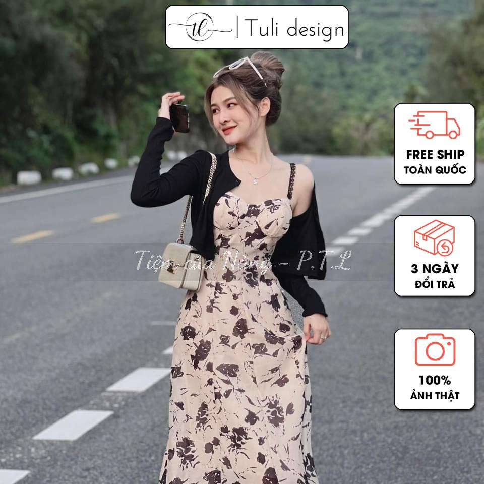 Set váy hai dây hoa nhí ren hoa hồng đen có mút ngực kèm áo cadigan đen GB25 - Tuli design
