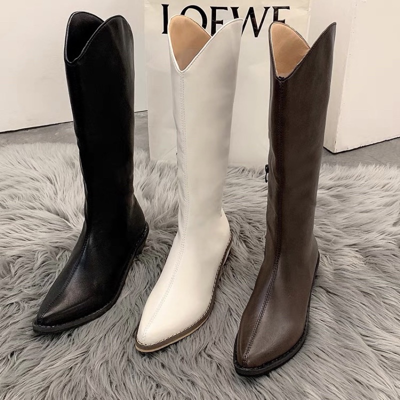 Boots cao bồi mũi nhọn cổ cao đế gỗ cao 4cm da trơn khoá sườn phong cách cá tính