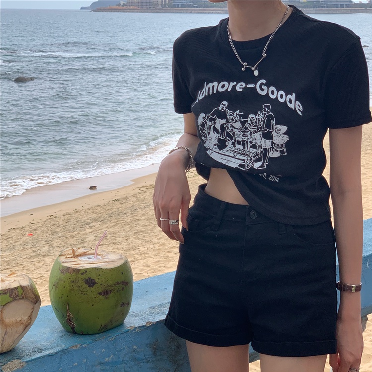 Áo Thun Croptop Ngắn Tay Form Ôm In Họa Tiết Phong Cách retro
