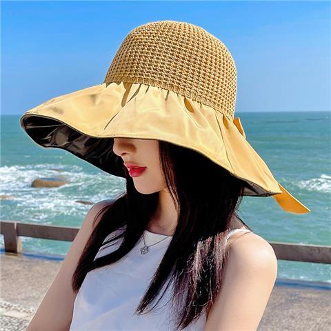 Mũ Cói Rộng Vành Che Nắng Đính Nơ Keo Đen Chống Tia UV Thời Trang Mùa Hè Cho Nữ