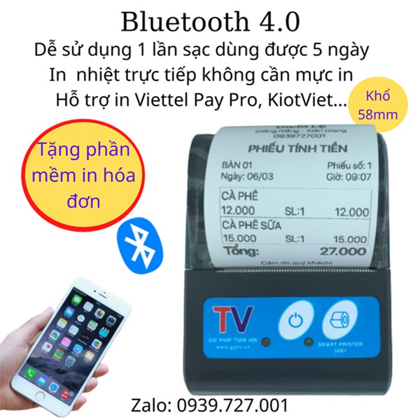 Máy in hóa đơn bluetooth mini bỏ túi, máy in bill K58 in Viettel Pay Pro, KiotViet - Tặng 5 cuộn giấy