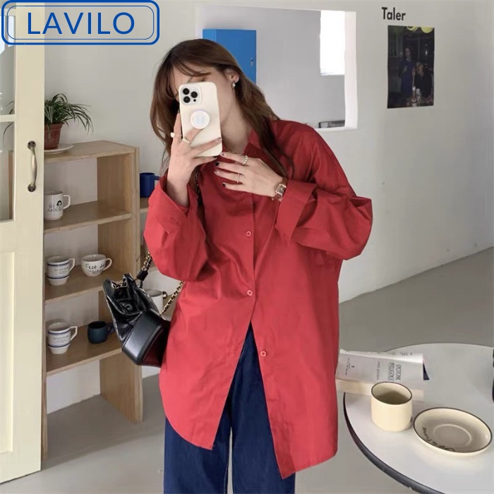 Áo sơ mi nữ form rộng nhiều màu tay dài công sở có thể khoác ngoài chất lụa hàn thoáng mát LAVILO SM05