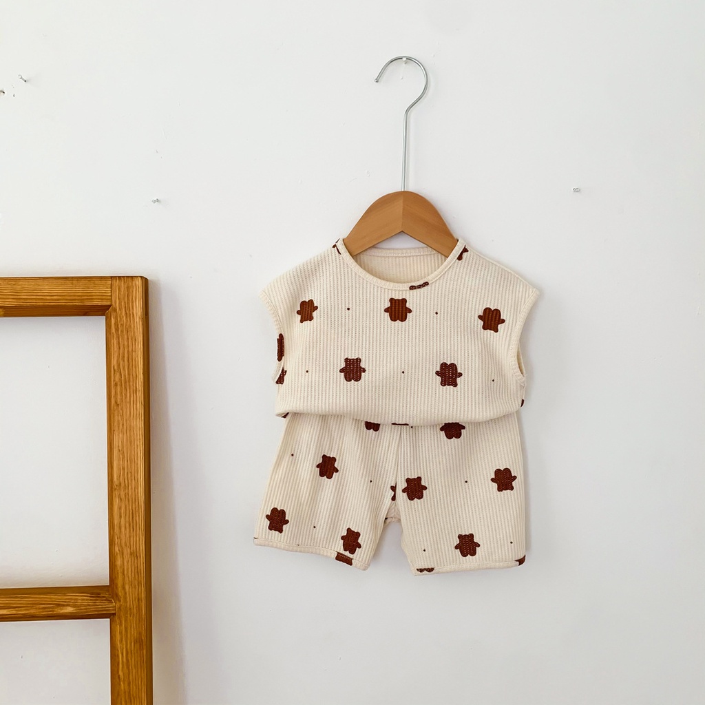 Bộ Áo Sơ Mi Sát Nách + Quần Short Cotton In Hình Gấu Dễ Thương Dành Cho Bé Gái 1-5 Tuổi