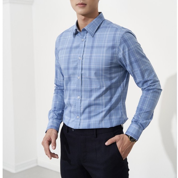 Sơ Mi Nam Dài Tay Công Sở VENISCE - Màu Xanh Nước Biển Kẻ Caro 4S19603-1, Form Slim Fit, Vải Cotton