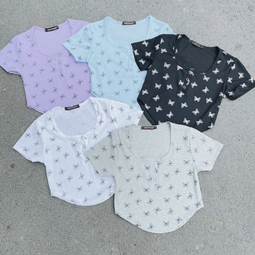 Áo kiểu croptop cổ vuông bấm nút in hình con bứm cực xinh , chất thun bozip mềm mịn