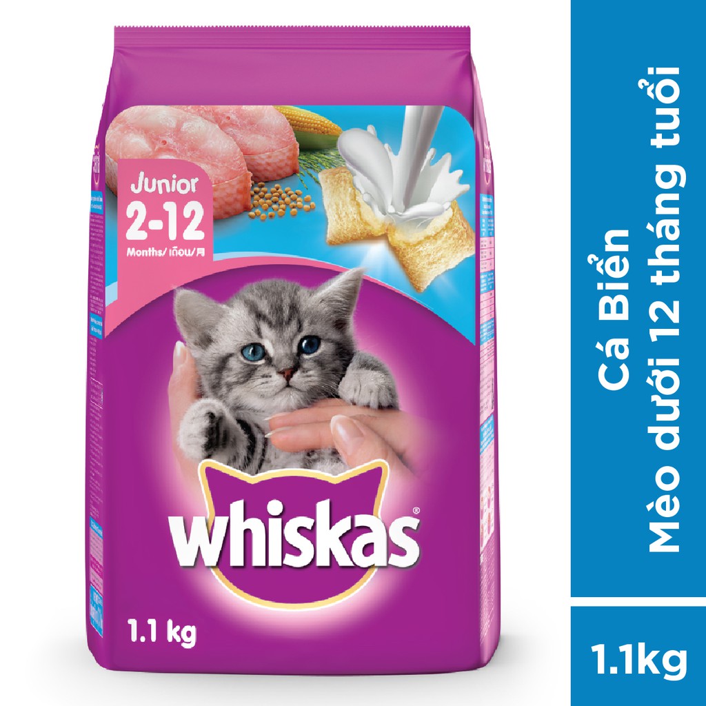 Bộ thức ăn dạng hạt dành cho mèo con Whiskas vị cá biển 1.1kg + 6 túi pate cho mèo con Whiskas vị cá ngừ 85g/túi