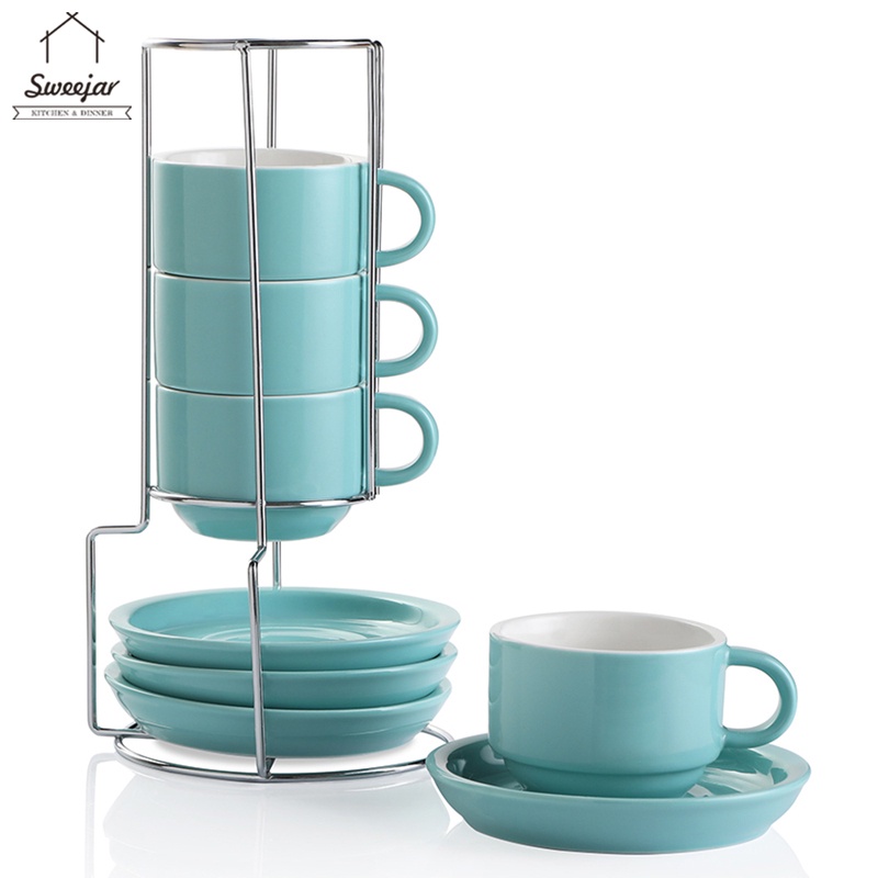 Bộ tách cà phê espresso SWEEJAR làm bằng gốm sứ với giá đỡ kim loại