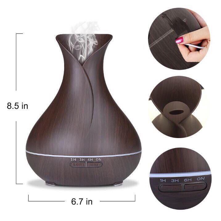 Đèn Xông Tinh Dầu Phun Sương Bình Hoa TUYLIP Vân Gỗ Cao Cấp | Kèm Điều Khiển Từ Xa | TẶNG TINH DẦU