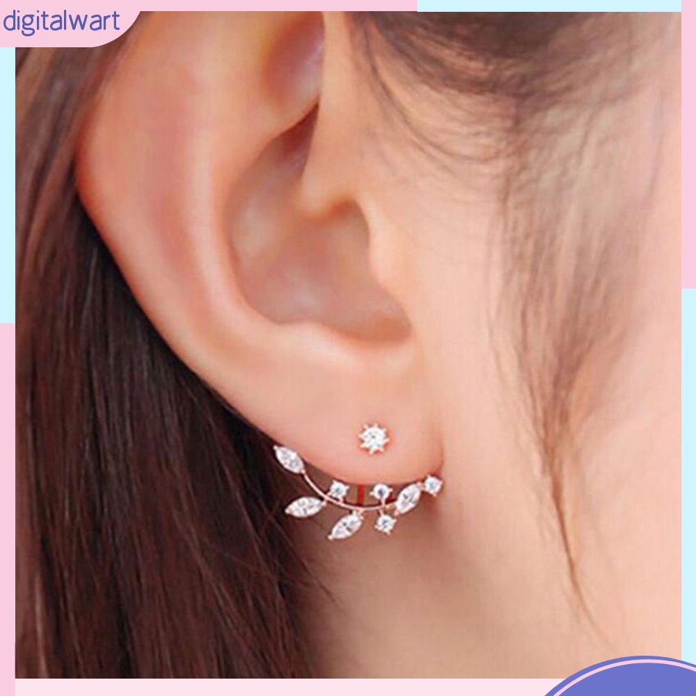 Cặp khuyên tai thiết kế hình lá đính hạt kim cương nhân tạo sang trọng lấp lánh dành cho nữ