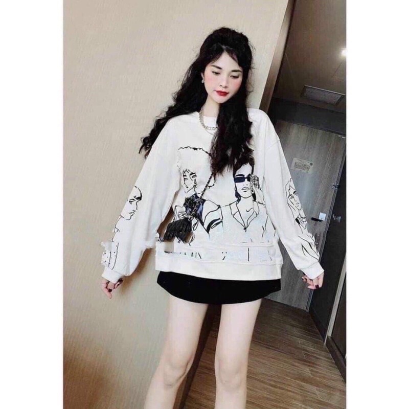 Áo nỉ áo sweater trần bông tay bồng ullzang in hình cô gái Manzakia | BigBuy360 - bigbuy360.vn