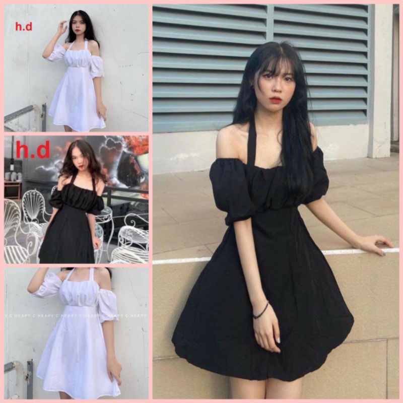 Váy cổ yếm buộc dây ulzzang Tay Bồng Nhún NgựcĐầm yếm trắng đen dự tiệc dáng xoè Vintage Tiểu Thư Bánh bèo dự tiệc
