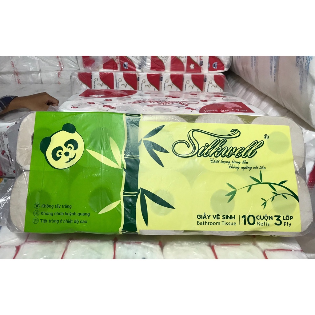 Giấy vệ sinh gấu trúc Silkwell 10 cuộn 3 lớp có lõi, giấy vệ sinh không tẩy trắng, an toàn