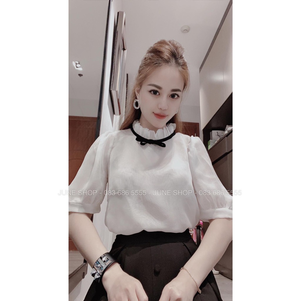 Set áo kiểu nơ + chân váy cúc xoè hottrends