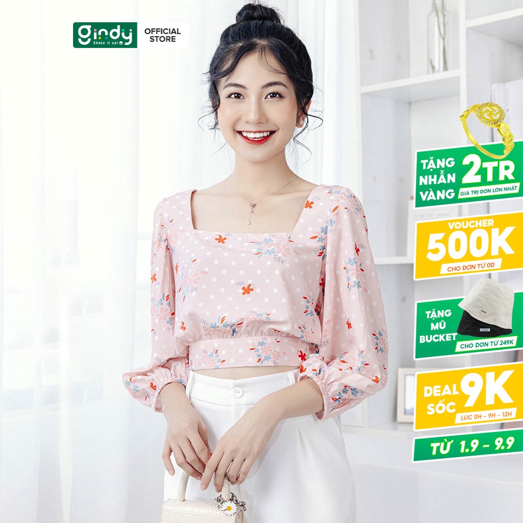 Áo sơ mi lụa nữ dáng croptop cổ vuông dài tay GINDY họa tiết hoa hải đường chất lụa ngọc trai mềm mát thoải mái A5102