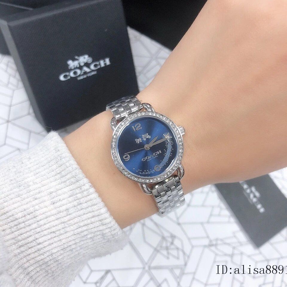 Đồng hồ nữ coach glitz 14502693 dây da / dây thép , mặt xanh viền đính đá , size 28mm