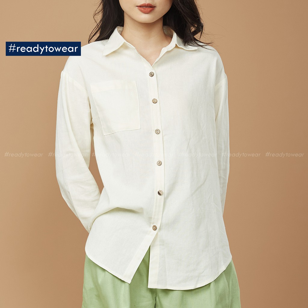 Sơ mi trắng nữ form rộng oversize tay dài đi làm đi chơi có 1 túi ngực vải đũi - linen shirt SM02