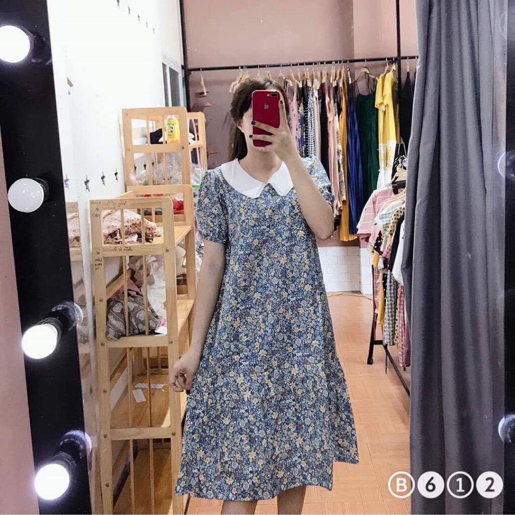 Đầm bầu hoa nhí ❤️ Váy bầu thời trang công sở thiết kế cổ bèo Hoa Xanh chất lụa hàn ❤️ Freesize từ 45 đến 70kg