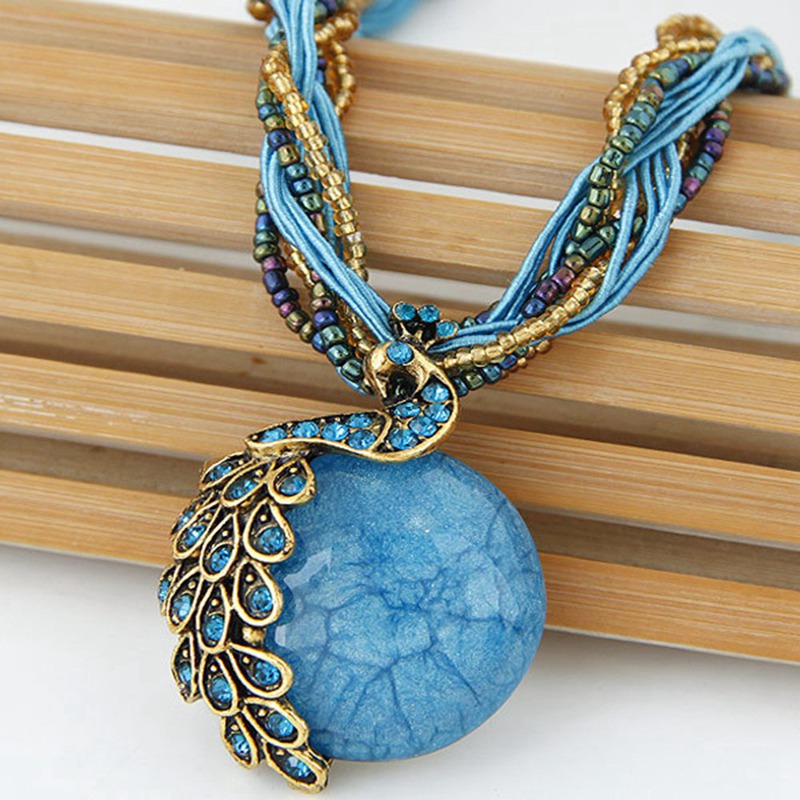 tranquillt Fashion Ethnic Style Resin Stone Beads Pendant Peacock Necklace Retro Bohemian Style Jewelry