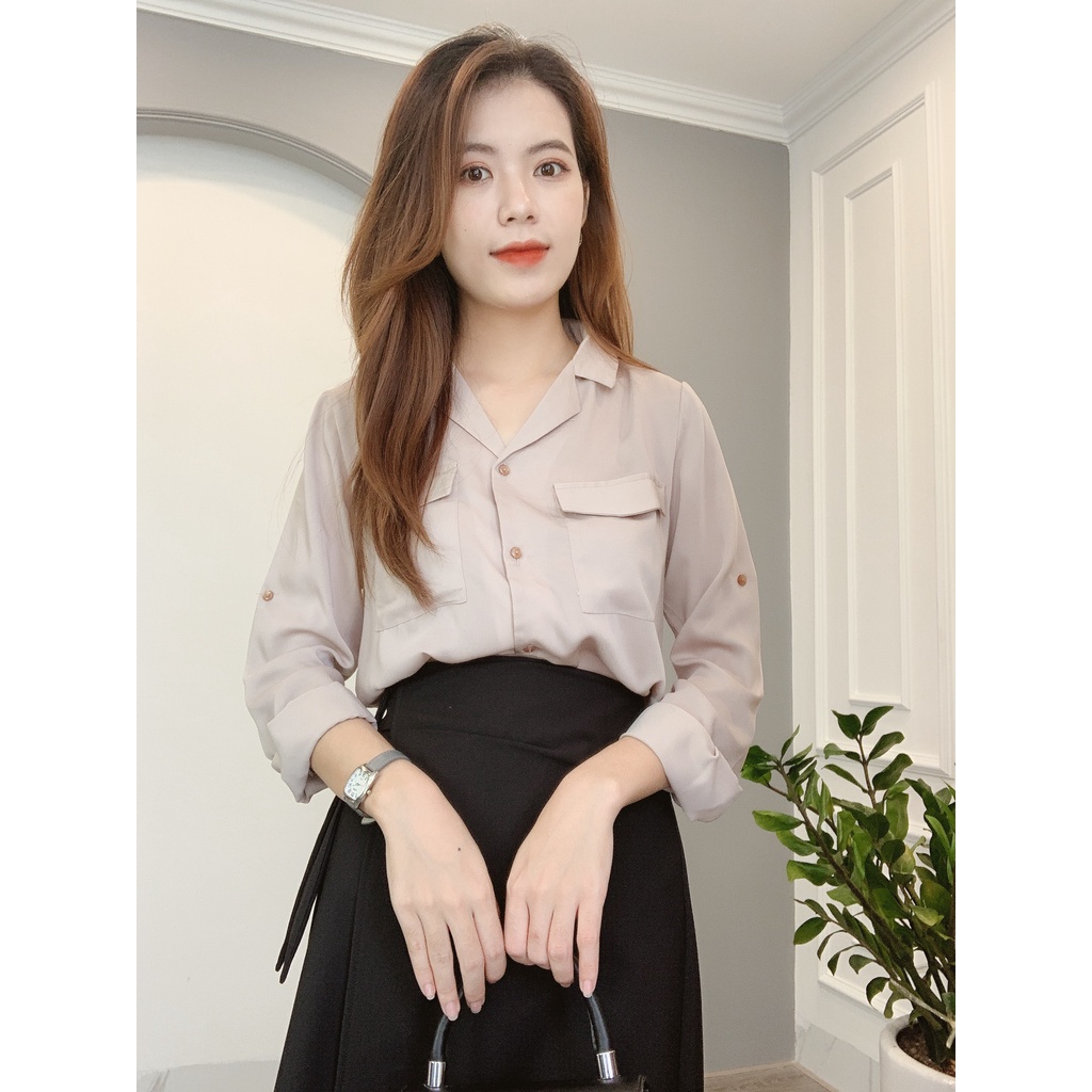 Áo Sơ Mi Cổ Vest 2 Túi Ngực Dài Tay - Thời Trang Nữ Min House