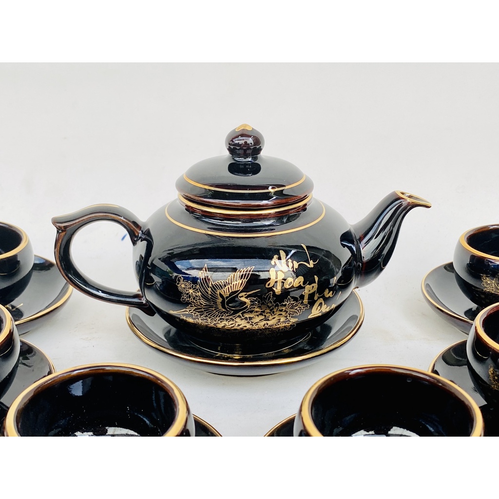 Bộ ấm chén men đen họa tiết Vinh Hoa Phú Quý Bát Tràng 350ml
