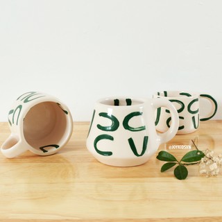 Ly gốm trắng họa tiết xanh lục | Tách cà phê gốm có quai - Ceramic cup