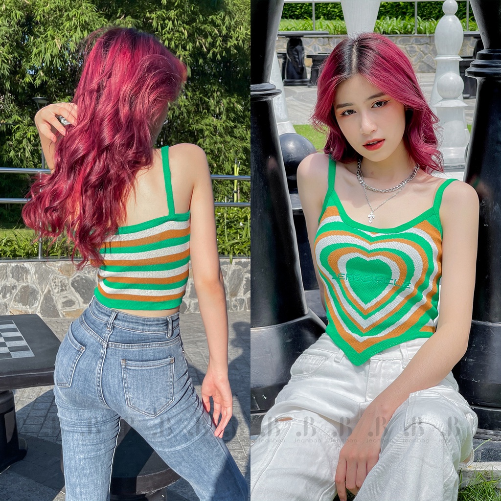 Áo croptop nữ 2 dây Ulzzang hình trái tim Illusion, áo croptop ôm crt cotton freesize - Jeanboo