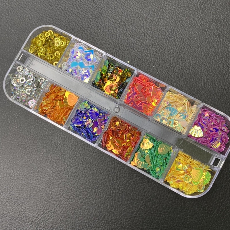 Set 12 ngăn kim tuyến sequin mix nhiều màu siêu đẹp - Trang trí nail, resin - KT401