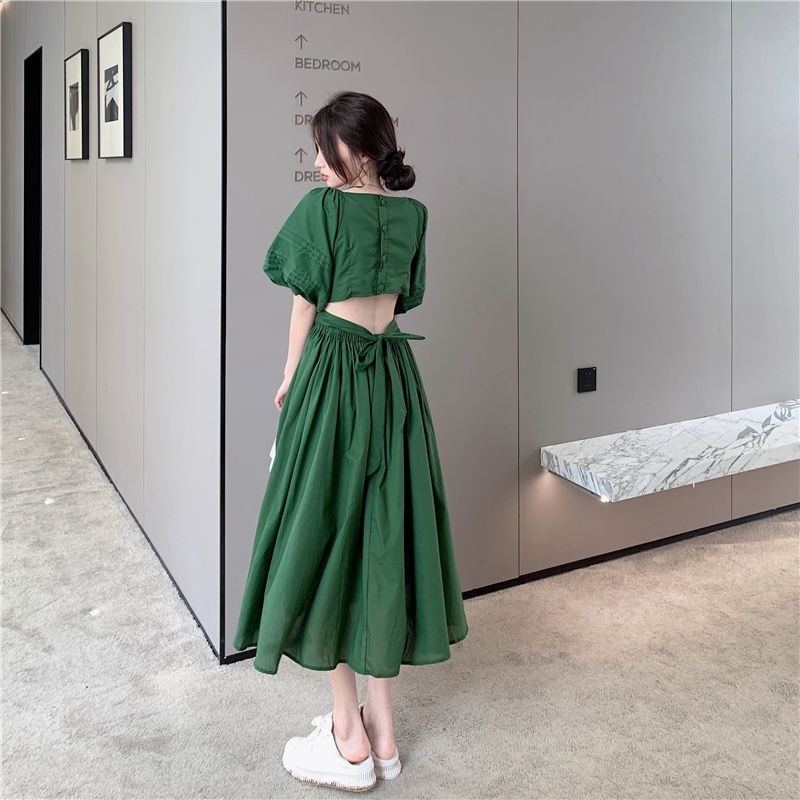 Đầm Cổ Chữ V Hở Lưng Phối Nút Thắt Nơ Xinh Xắn Thời Trang