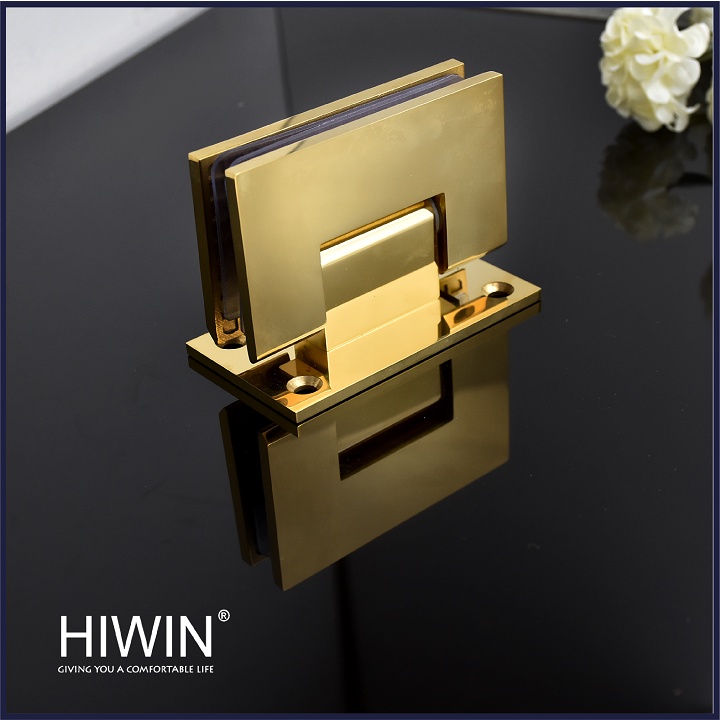 Bản lề phòng tắm kính 90 độ kính tường đế cân cạnh thẳng inox 304 mạ vàng HIWIN HG-009G
