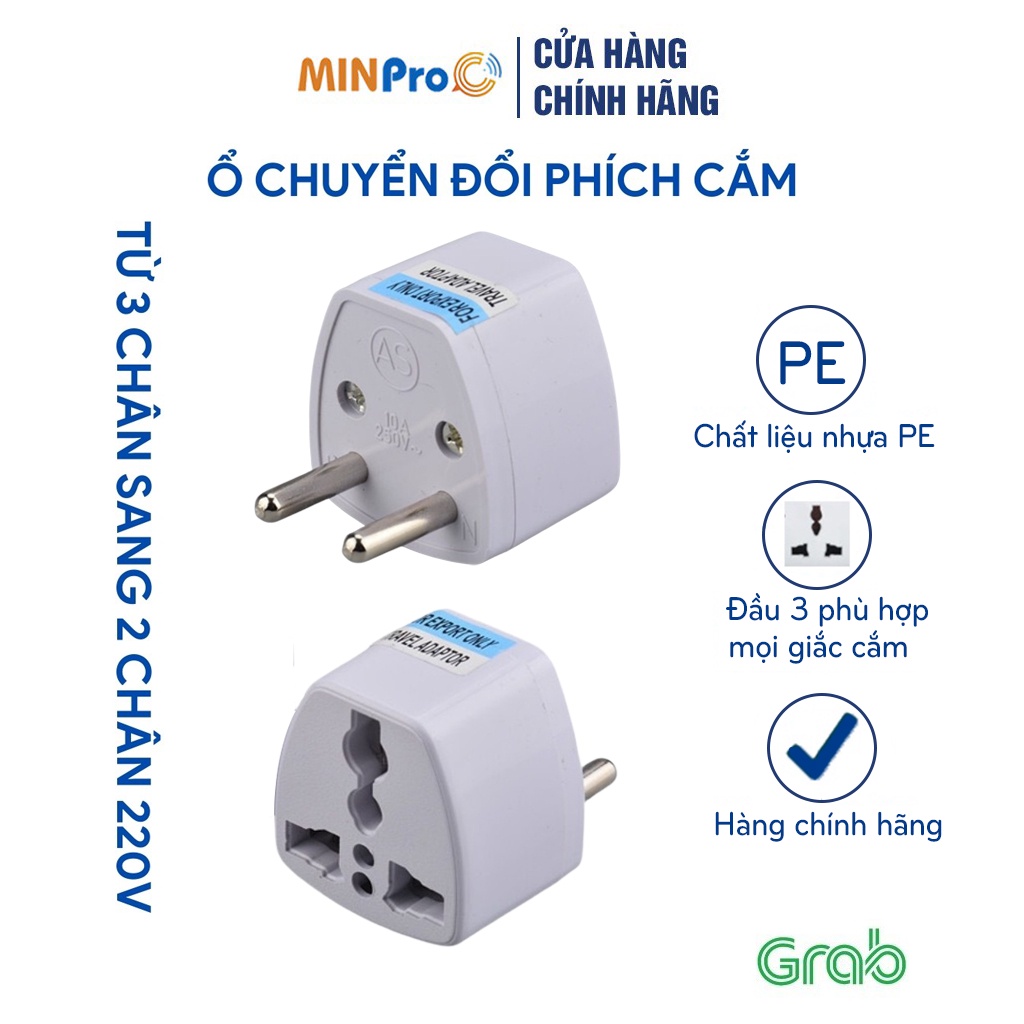 Phích cắm chuyển đổi MINPRO từ 3 chân sang 2 chân, ổ chuyển đổi nguồn 220V an toàn, chịu nhiệt độ cao