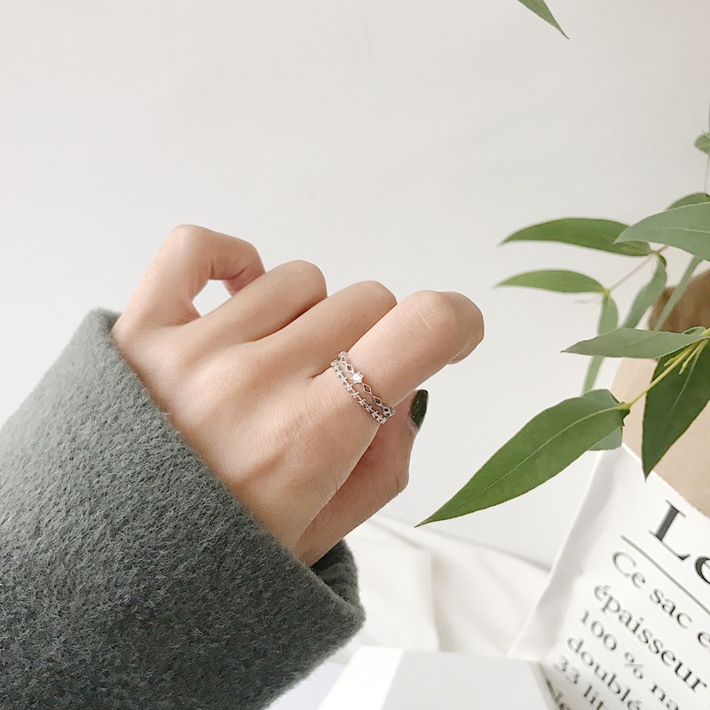 Nhẫn Bạc 2 tầng cao cấp, Nhẫn nữ bạc gắn đá 2 tầng TUNA SILVER Trang sức bạc cao cấp