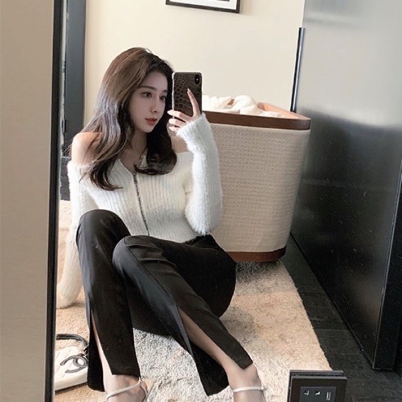 Áo lông trễ vai tay dài