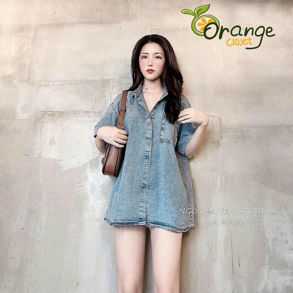 Áo  sơ mi Jean nữ cộc tay form rộng. áo bò nữ tay ngắn có túi ngực free Size 45>>60 kg | BigBuy360 - bigbuy360.vn