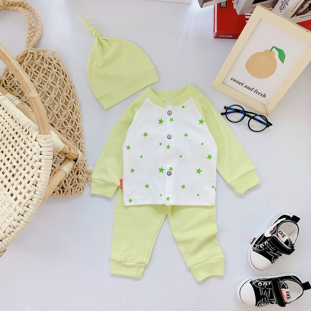 Bộ cotton len sơ sinh dài tay cho bé trai bé gái tặng lèm mũ 3-9kg