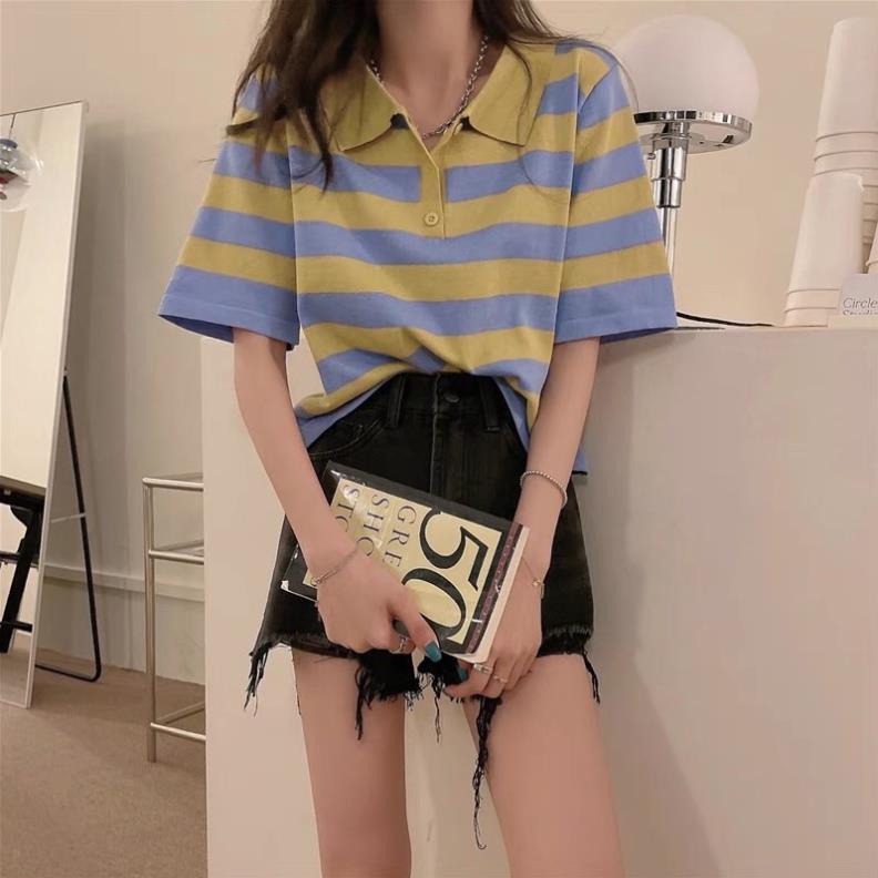 Áo thun nữ Ngắn tay Kẻ Sọc ngang Có Cổ bẻ POLO Áo phông nữ Tay ngắn Free size *