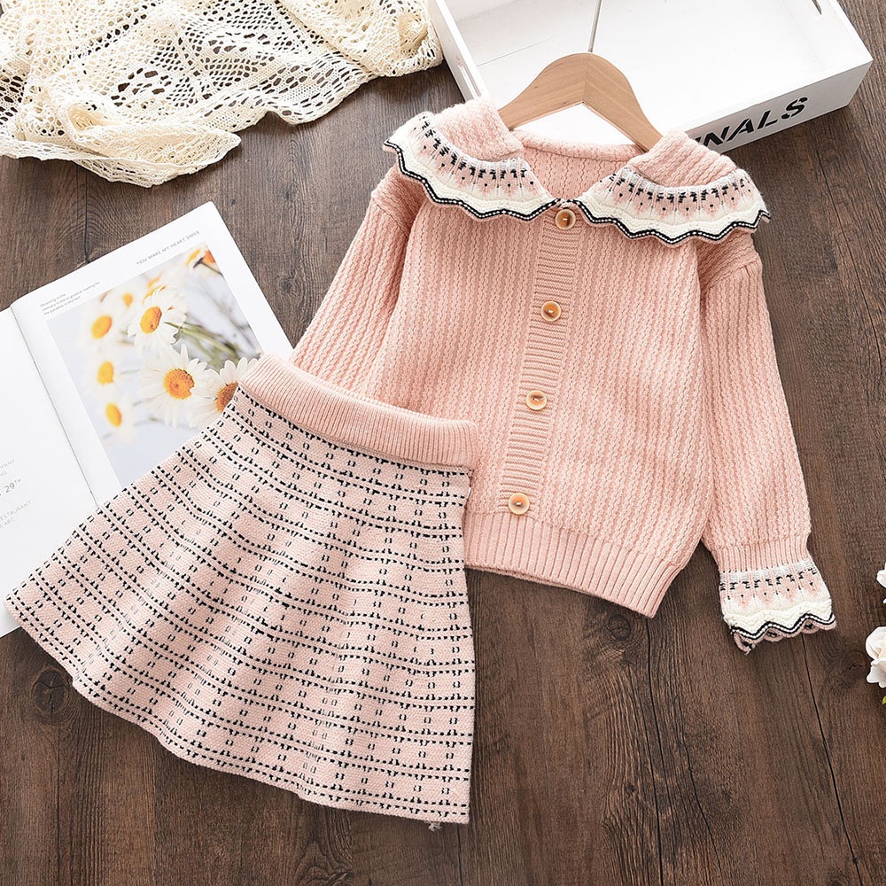 Set đồ BEAR LEADER gồm áo sweater tay dài cổ viền ren màu trơn+chân váy xếp ly thời trang thu đông cho bé gái 2-6T