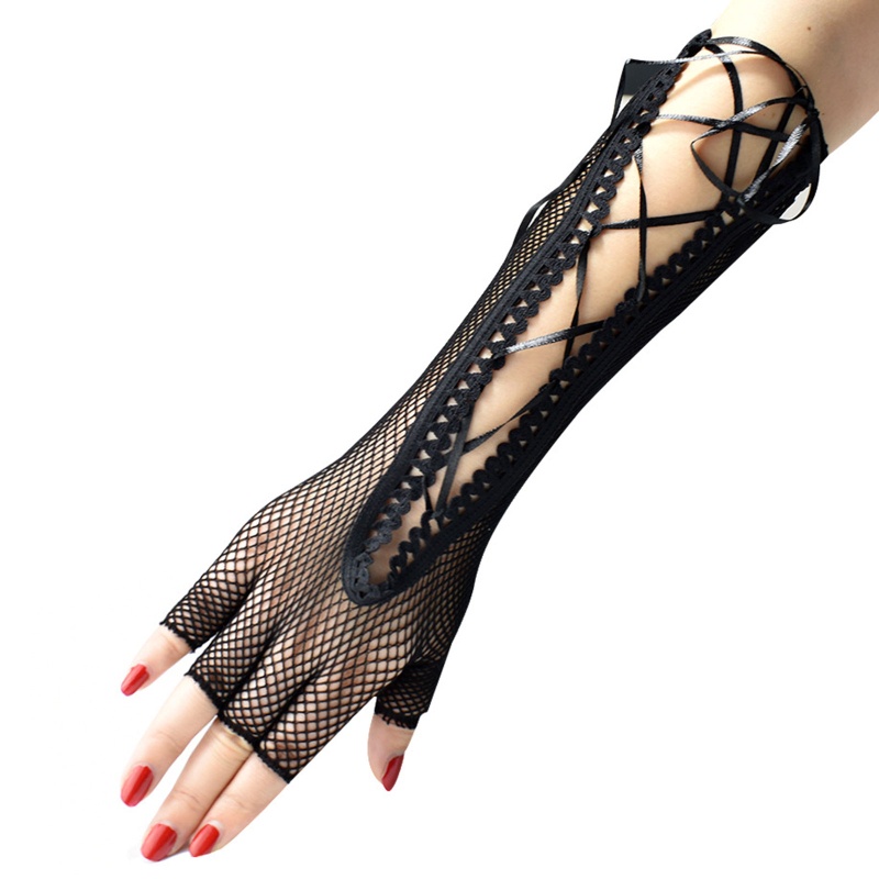 Găng Tay Lưới Co Giãn Gợi Cảm Với Dây Thừng Màu Đen Phong Cách Punk Hip Hop Cho Nữ