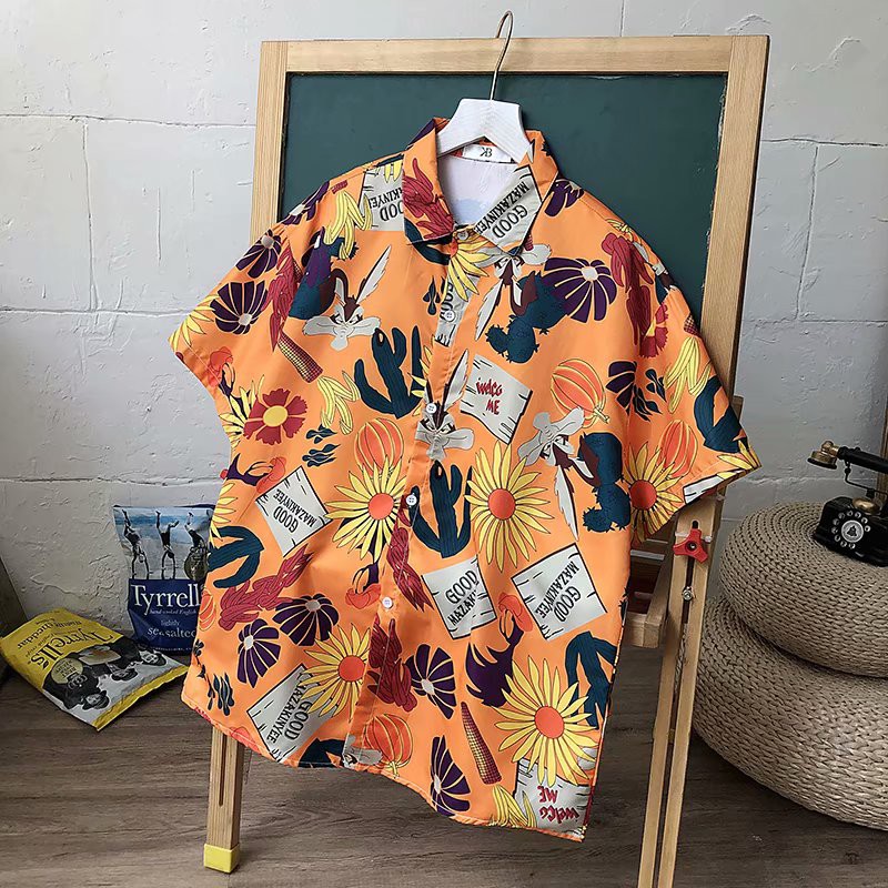 Men's Hawaiian style sunflower print short sleeve shirt bẻ