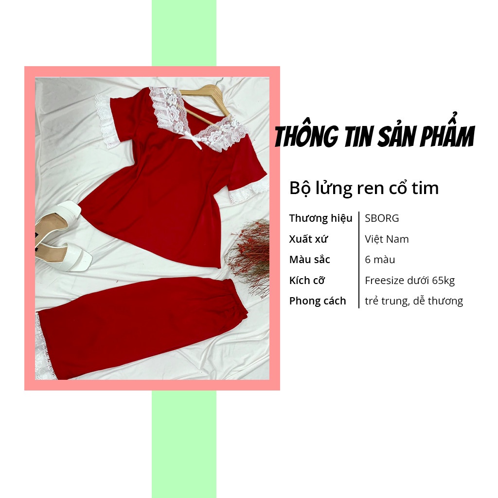 Đồ bộ mặc nhà SBORG bộ pijama lụa latin áo tay ngắn cổ tim viền ren dễ thương quần lửng túi quần sâu freesize dưới 65kg