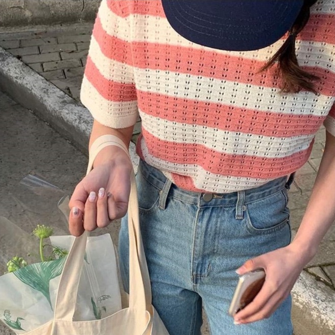 Áo dệt kim ZHELIHANGFEI ngắn tay cổ tròn họa tiết ca rô phong cách Hàn Quốc dành cho nữ